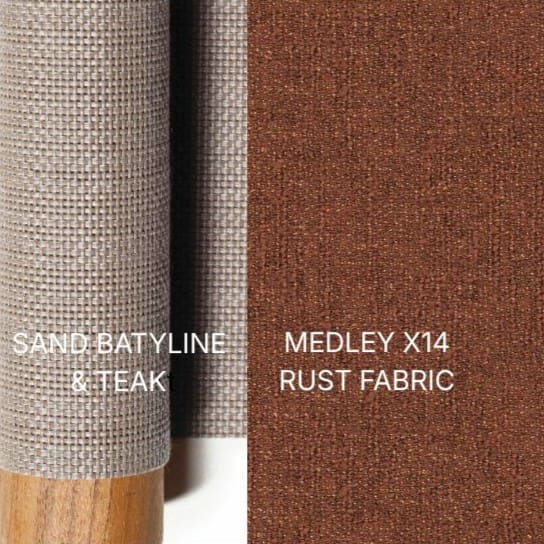 Image of swatch combination of Sand Batyline & Teak sofa + cushions in Medley X14 Rust fabric used for RODA Philia sofa