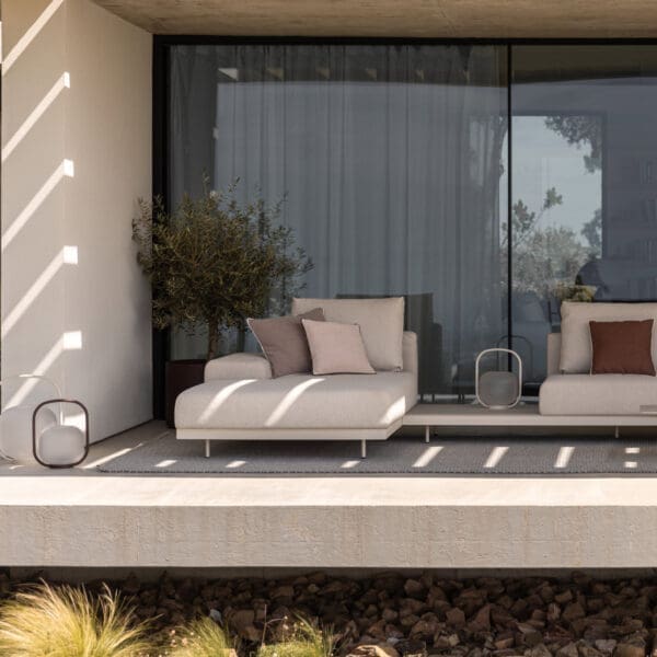 Image of Dongo minimalist garden sofa and chaise longue together with Otus minimalist garden lanterns by Todus