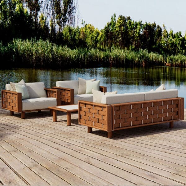 Image of Tuuci Luma luxury exterior lounge set on decking next to lake
