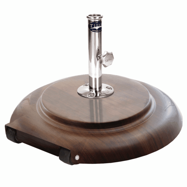 Studio image of Tuuci Aluma-Crete parasol with wheels in Aluma-Teak finish