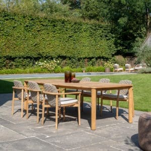 Image of Jati & Kebon Boho luxury teak chair and Benoa ceramic dining table