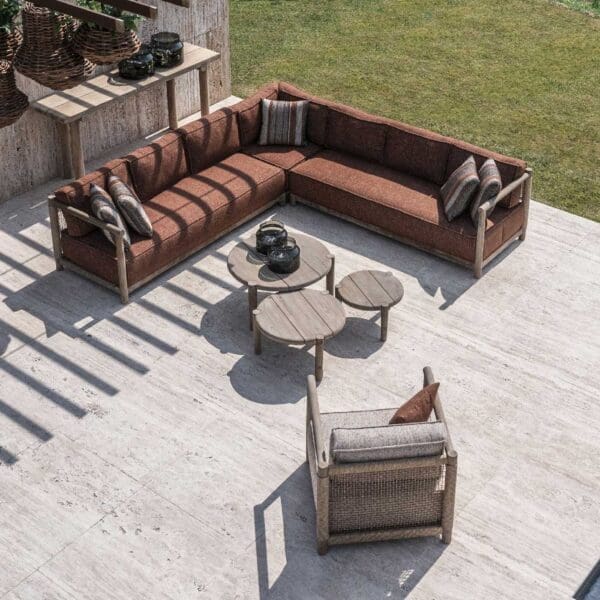 Image of bird's eye view of Gommaire Mieke teak corner sofa and lounge chair on sunny terrace