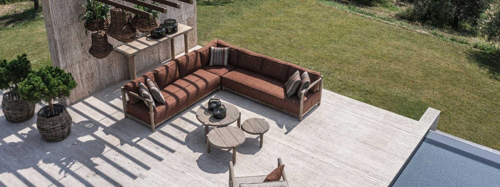 Image of aerial view of Gommaire Mieke teak corner sofa and Mieke lounge chair