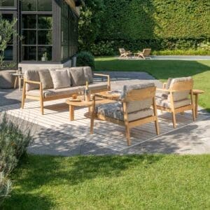Image of Tofino modern teak garden sofa and lounge chairs in sun and shade on terrace
