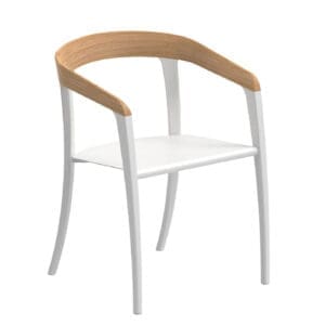 Studio image of Royal Botania Jive white dining chair with teak back