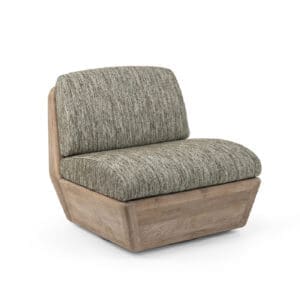 Studio image of Gommaire Jules modern teak swivel lounge chair with green fabric cushions