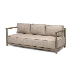 Studio image of Gommaire Mieke 2.5 seat sofa in Natural-Grey teak and Sand Polyethylene wicker weave