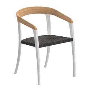 Studio image of white Jive garden chair with teak back and Olefin fibre seat