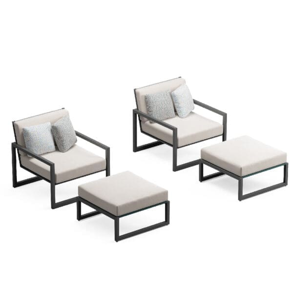 Image of render of Royal Botania Ninix Lounge set 06 consisting of a pair of garden lounge chairs and footstools