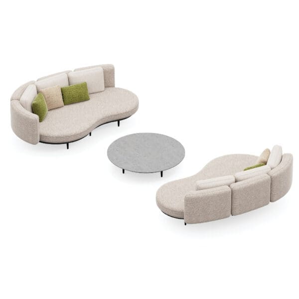 Image of render of Royal Botania Organix Lounge Set 02, featuring a pair of mirroring upholstered garden sofas and a circular ceramic coffee table.