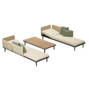 Image of render of Royal Botania Styletto Lounge Set 05 which shows a couple of mirroring reclining garden day beds with a teak low table in the centre