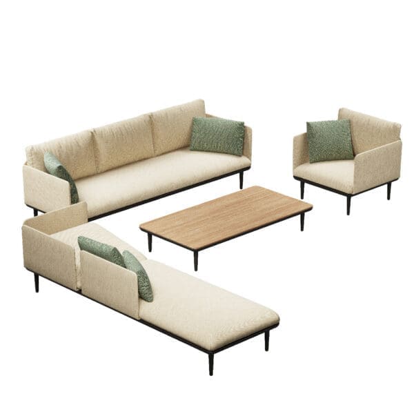 Image of render of Royal Botania Styletto Lounge Set 07, which includes a sofa, a lounge chair, a reclining day bed and a low teak coffee table