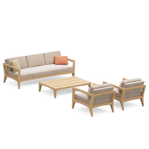 Image of render of Royal Botania Zenhit Lounge set 02 consisting of a 3 seat teak sofa, 2 lounge chairs and a low coffee table