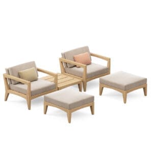 Image of render of Royal Botania Zenhit Lounge Set 06 which includes a couple of teak lounge chairs, foot stools and low table.