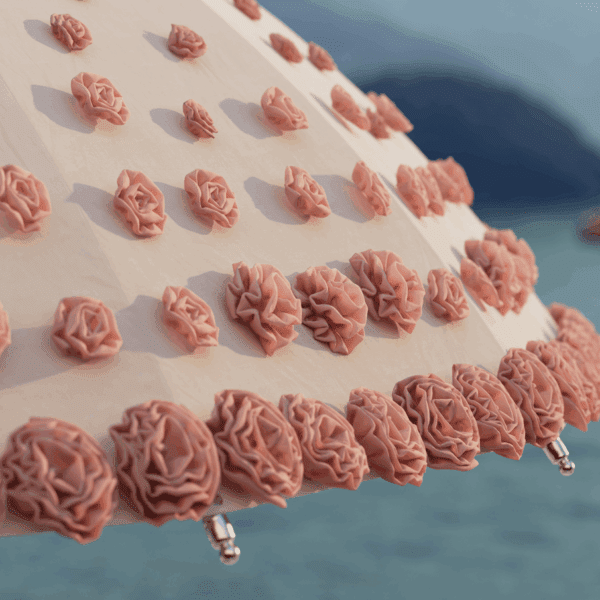 Image of the hand-made blossoms on the canopy of Tuuci Ombré Blossom luxury parasol