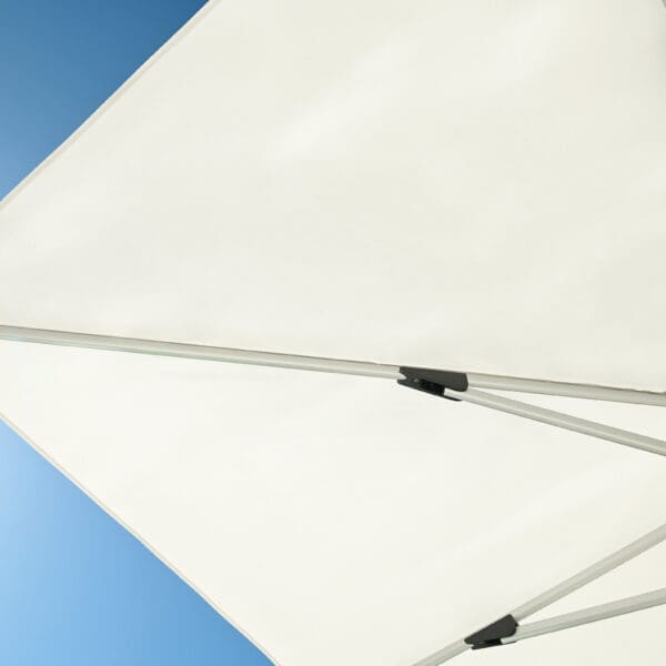 Image of anodized aluminiun ribs of Shademaker Libra parasol with blue sky in the background