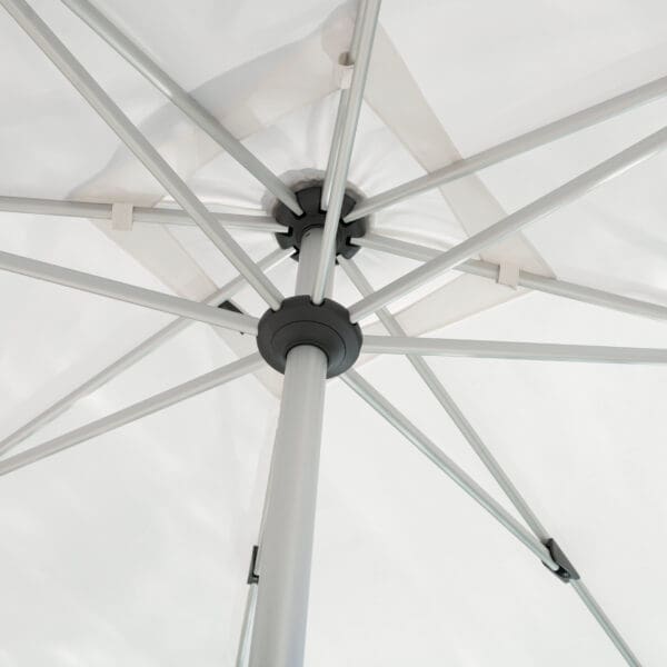 Image looking up into the canopy, mast and ribs of Shademaker Atlas centre mast parasol