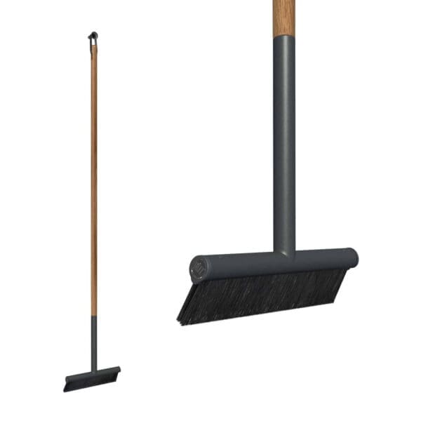 Studio image of RiZZ contemporary broom with anthracite aluminium body and teak shaft