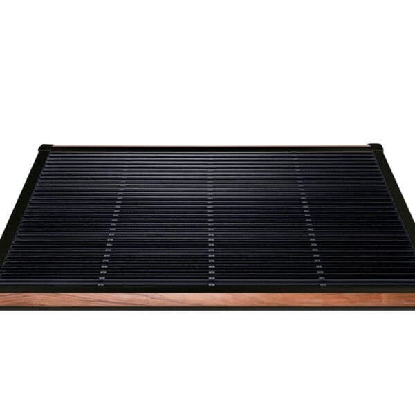 Studio image of medium RiZZ modern outdoor door mat 120 x 70cm with black aluminium frame and teak inlay