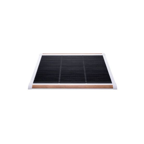 Studio image of small RiZZ outdoor mat with teak inlay with white aluminium frame 90 x 60cm