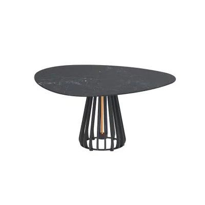 Studio image of plectrum shaped Furniz heated garden dining table by Royal Botania