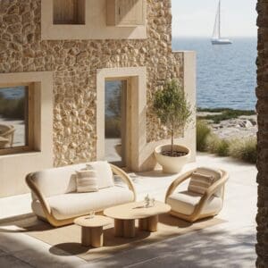 Image of Mel futuristic exterior lounge furniture in sun and shade on terrace, with sea and yacht in the background