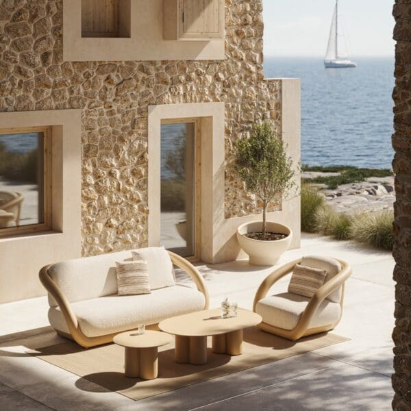 Image of Mel futuristic exterior lounge furniture in sun and shade on terrace, with sea and yacht in the background