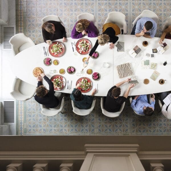 Image of bird's eye view of Wire Majestic enormous dining table and Chagall dining chairs