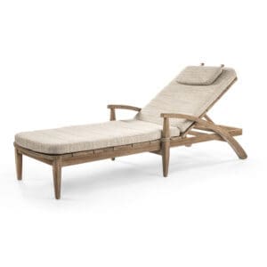 Studio image of Gommaire Faye teak sunbed with cushion