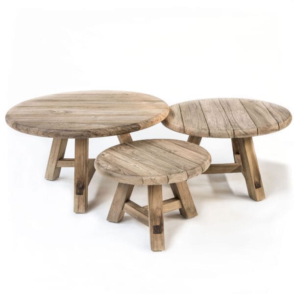Studio image of set of 3 Gommaire Anton round teak coffee tables