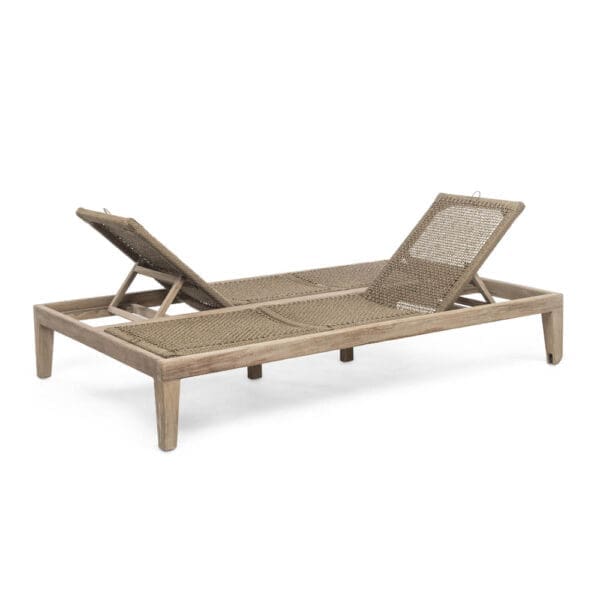 Studio image of Gommaire Lisa twin teak sunbed without cushions with backrests raised in opposing directions
