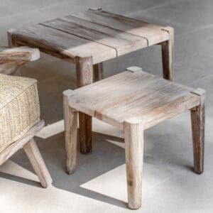 Image of pair of Gommaire Floor square teak coffee tables next to Alabama contemporary teak lounge furniture