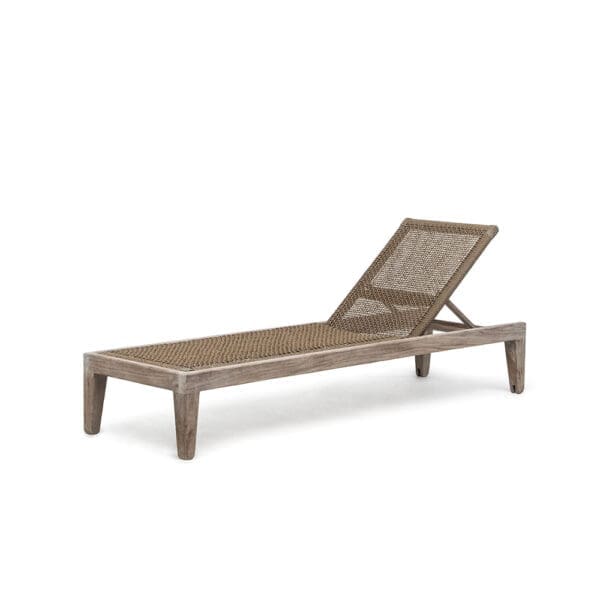 Studio image of Gommaire teak sun lounger with handwoven "antique weed" polyethylene fibre seat