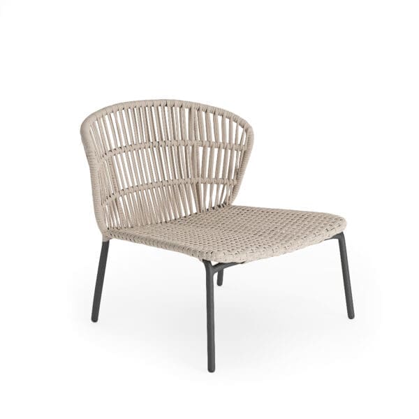 Studio image of Jati Kebon Lima lounge chair with charcoal frame and Beige rope