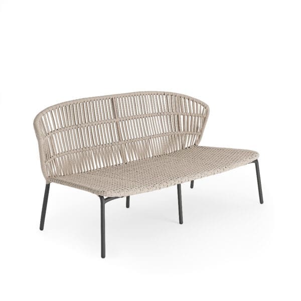 Studio image of Jati Kebon Lima 2 seat garden sofa with charcoal aluminium frame and Beige rope