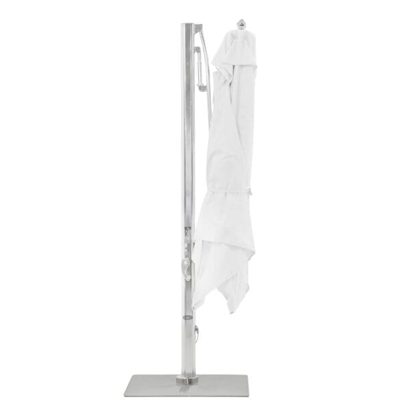 Studio image of polished titanium finish of Ocean Master Max cantilever parasol in closed position by Tuuci