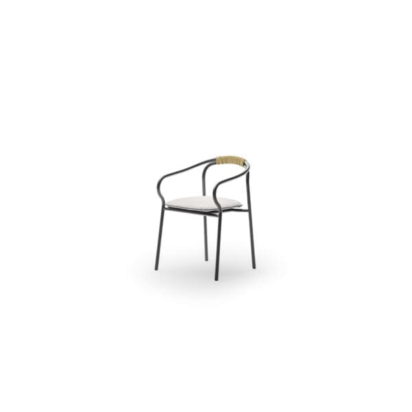 Studio image of graphite coloured Salò garden chair with seat cushion by Unopiu