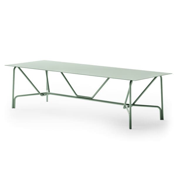 Studio image of large Salo rectangular garden table in Sage Green aluminium by Unopiu