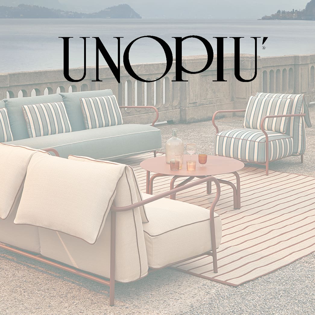 Image of Unopiu logo overlaid over picture of Salo modern outdoor lounge furniture