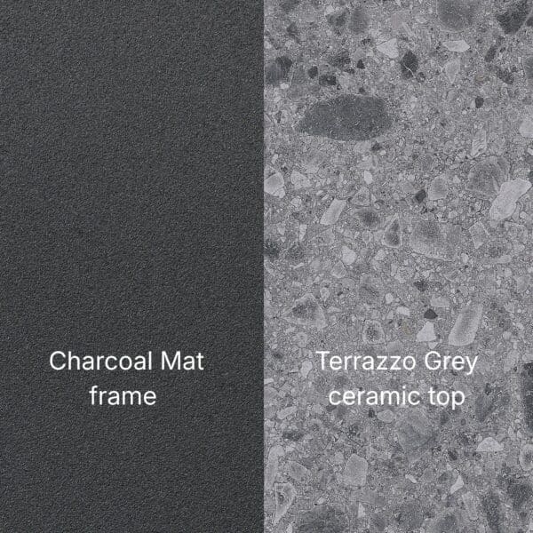 Image of swatch combination of Charcoal aluminium and Terrazzo ceramic used for Jati Kebon Amorelli table