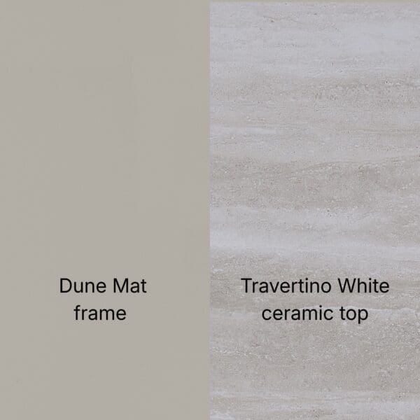 Image of swatch combination of Dune aluminium and Travertino White ceramic used for Jati Kebon furniture