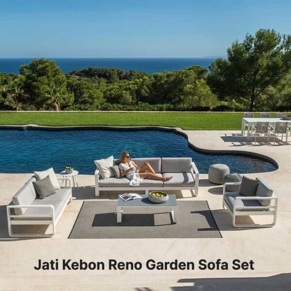 Image of woman relaxing on Jati Kebon Reno garden sofa set with pool in the background