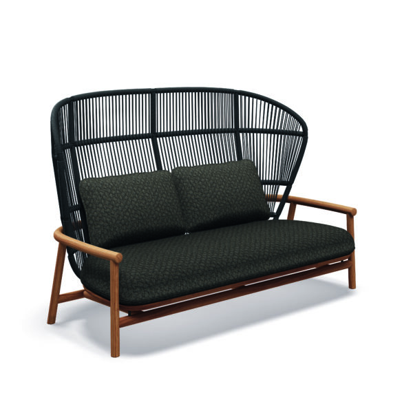 Studio image of Gloster Fern teak lounge 2 seater sofa with high back