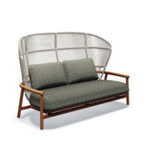 Studio image of Gloster Fern teak lounge 2 seater sofa with high back