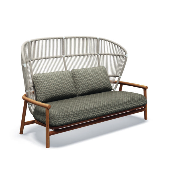 Studio image of Gloster Fern teak lounge 2 seater sofa with high back