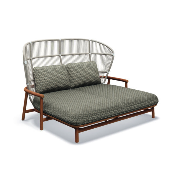 Studio image of high-backed Gloster Fern teak lounge daybed with sorrel rope