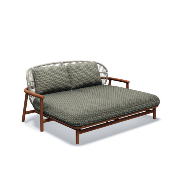 Studio image of low-backed Gloster Fern teak lounge daybed with sorrel rope