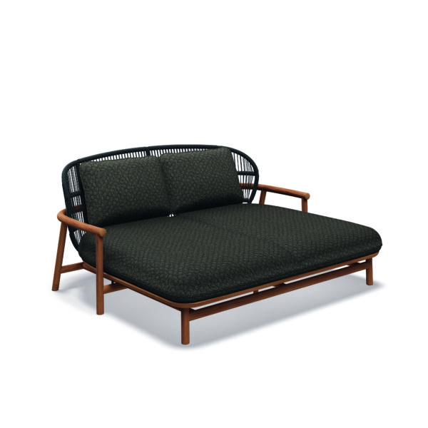Studio image of low-backed Gloster Fern teak lounge daybed with raven coloured rope