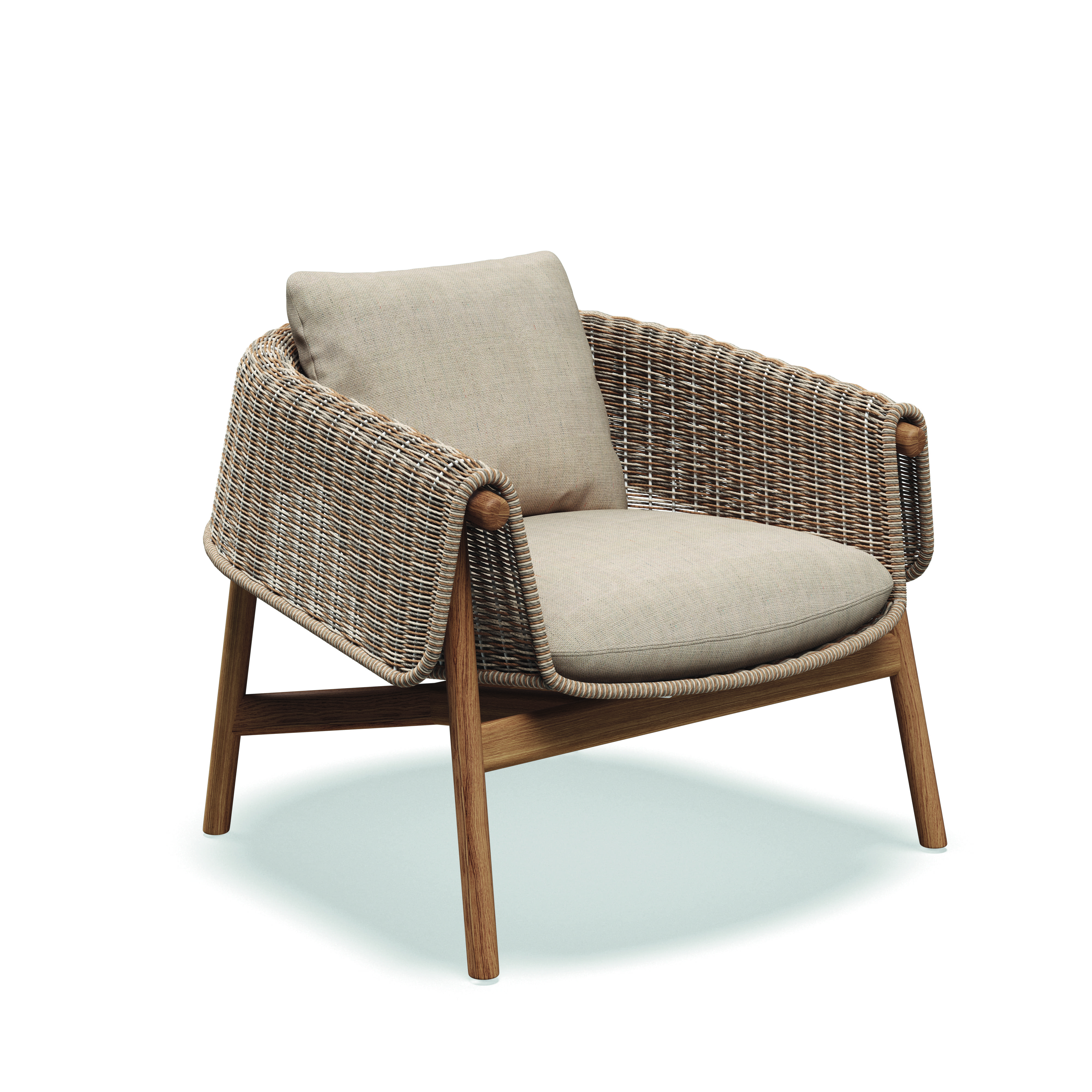 Studio image of Gloster Wrap lounge chair with sorrel wicker and teak frame