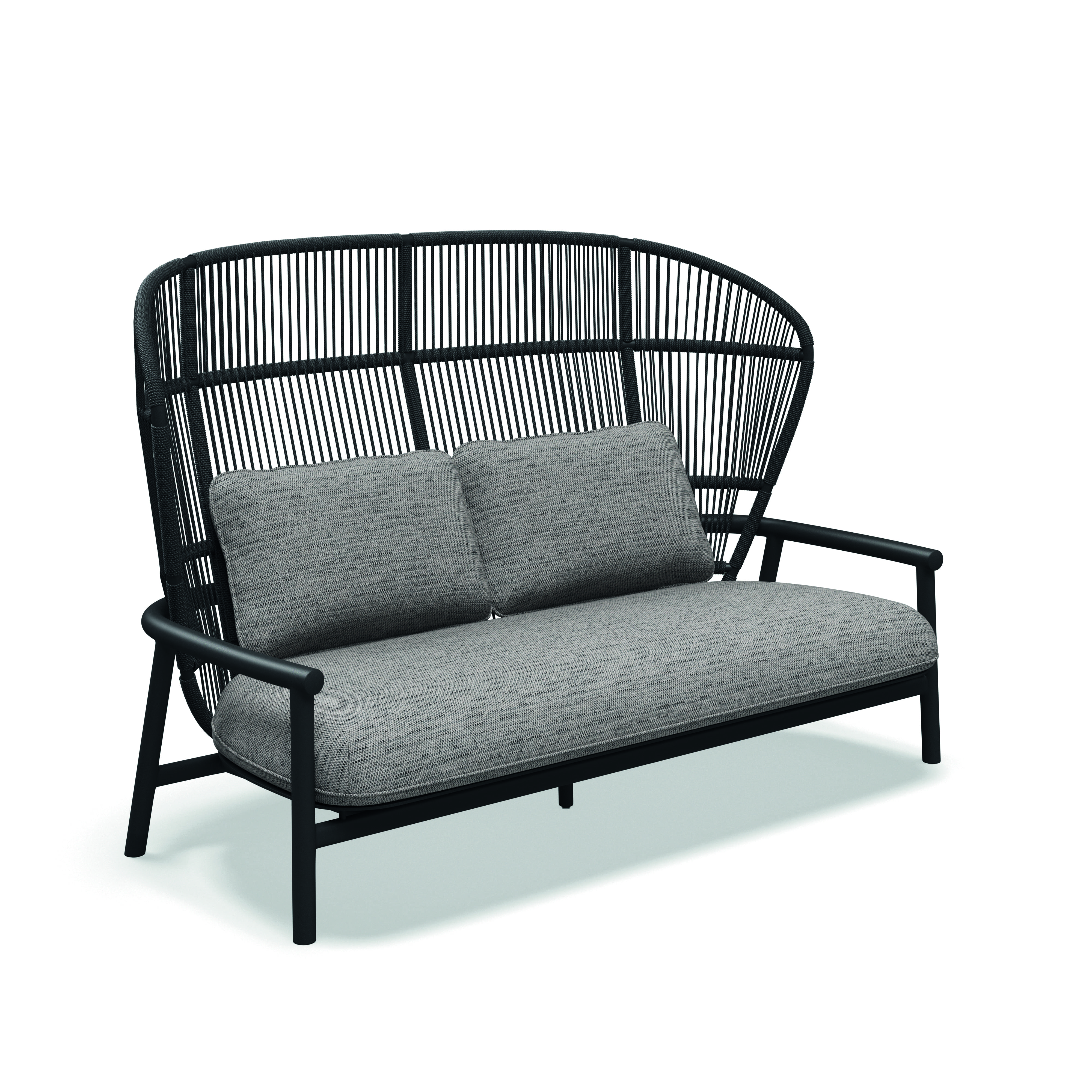 Studio image of Gloster Fern 2 seater sofa with high back in raven/meteor colour combination